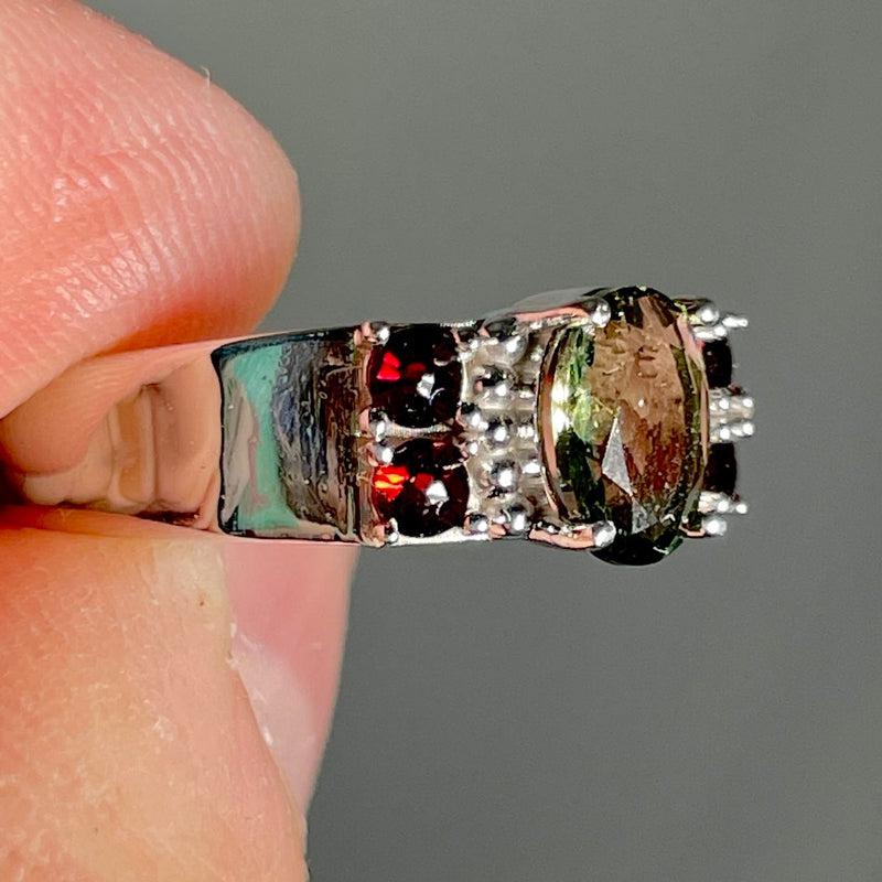 Multi-Faceted Oval Moldavite With Garnet Ring || .925 Sterling Silver-Nature's Treasures