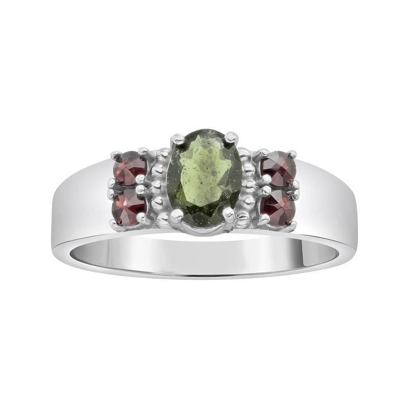 Multi-Faceted Oval Moldavite With Garnet Ring || .925 Sterling Silver-Nature's Treasures