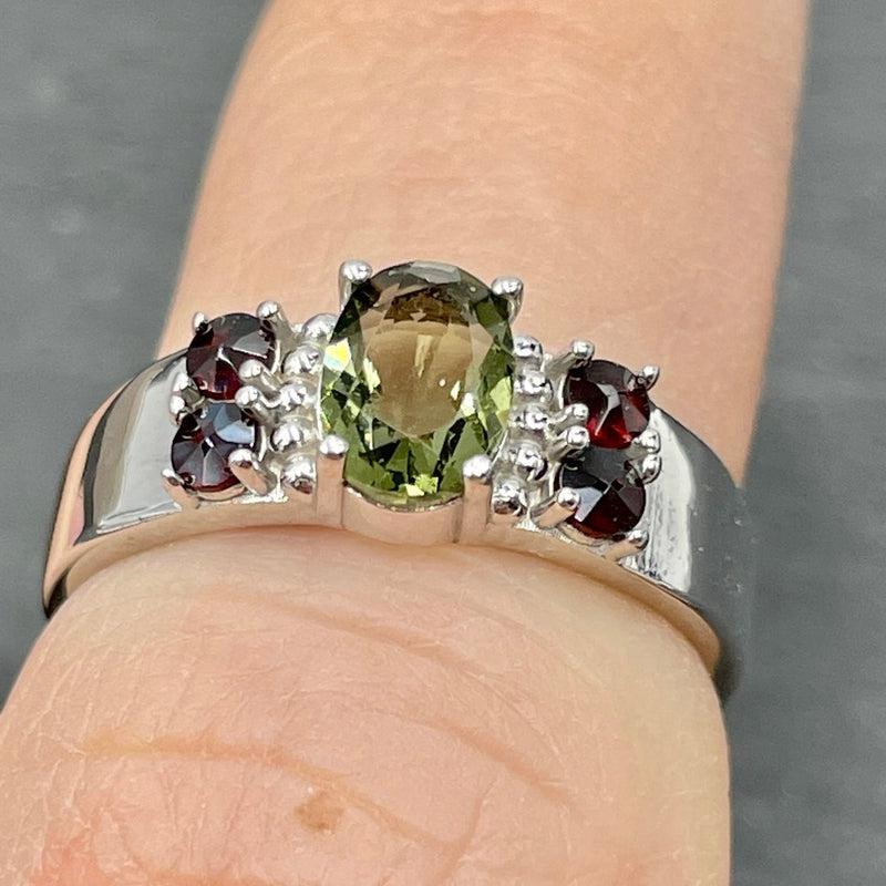 Multi-Faceted Oval Moldavite With Garnet Ring || .925 Sterling Silver-Nature's Treasures