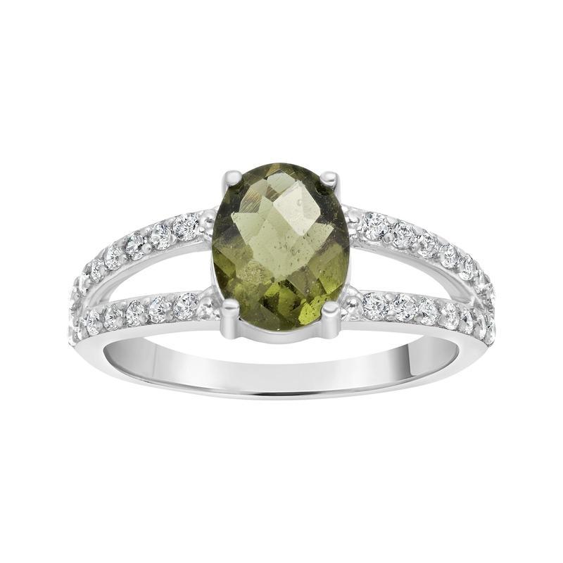 Multi-Faceted Oval Shape Moldavite With Cubic Zirconia Ring || .925 Sterling Silver-Nature's Treasures