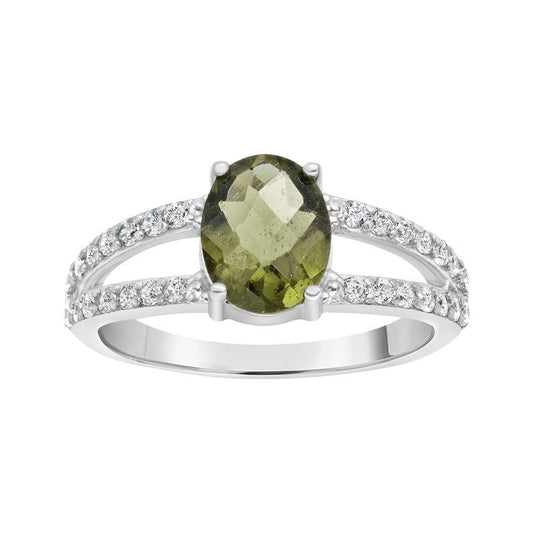 Multi-Faceted Oval Shape Moldavite With Cubic Zirconia Ring || .925 Sterling Silver-Nature's Treasures