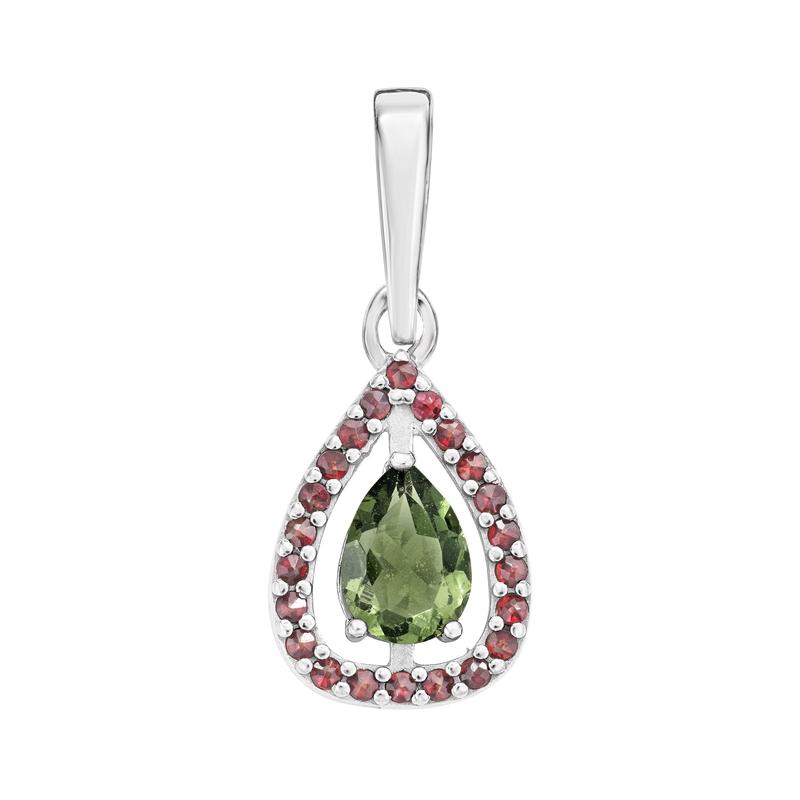 Multi-Faceted Pear Shape Moldavite With Garnet Pendant || .925 Sterling Silver-Nature's Treasures