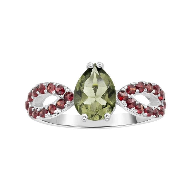 Multi-Faceted Pear Shape Moldavite With Garnet Ring || .925 Sterling Silver-Nature's Treasures