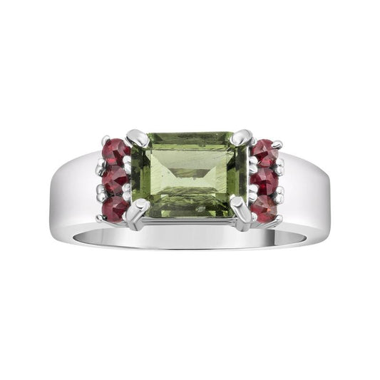 Multi-Faceted Rectangle Design Moldavite With Garnet Ring || .925 Sterling Silver-Nature's Treasures