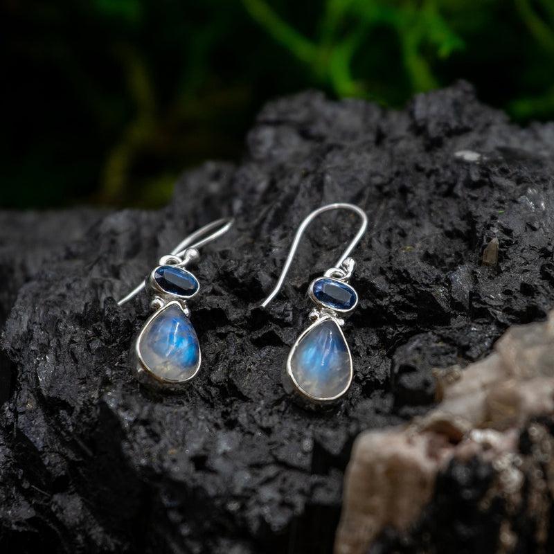 Ocean Midnight Blue Kyanite And Rainbow Moonstone Tear Drop Earrings || .925 Sterling Silver-Nature's Treasures