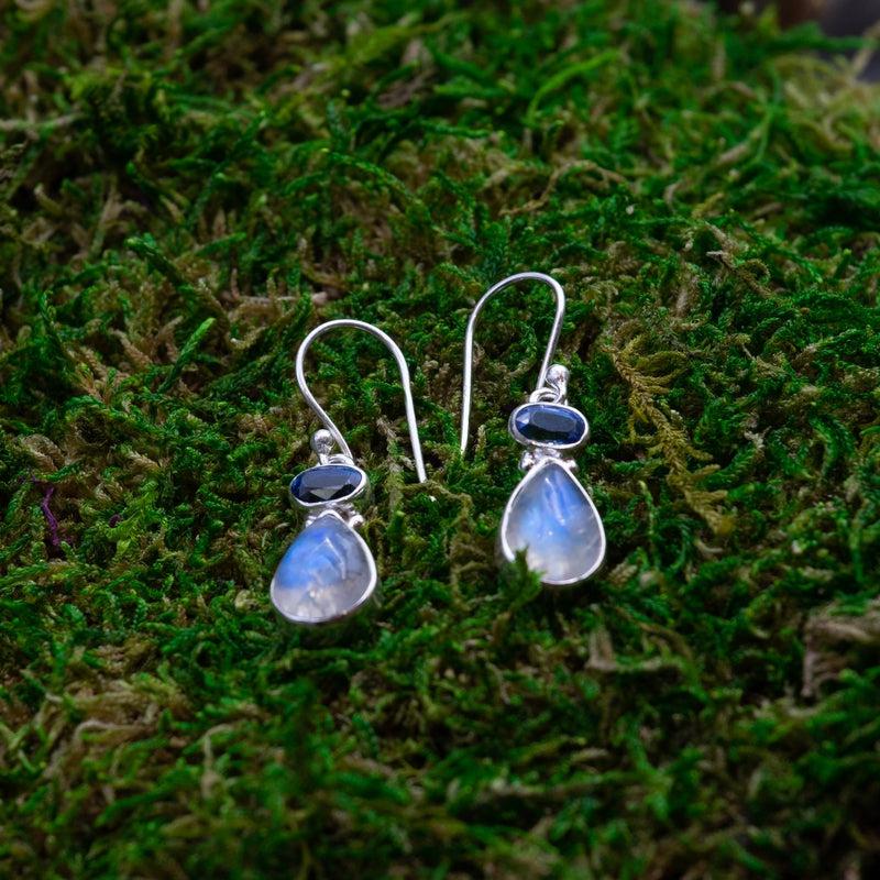 Ocean Midnight Blue Kyanite And Rainbow Moonstone Tear Drop Earrings || .925 Sterling Silver