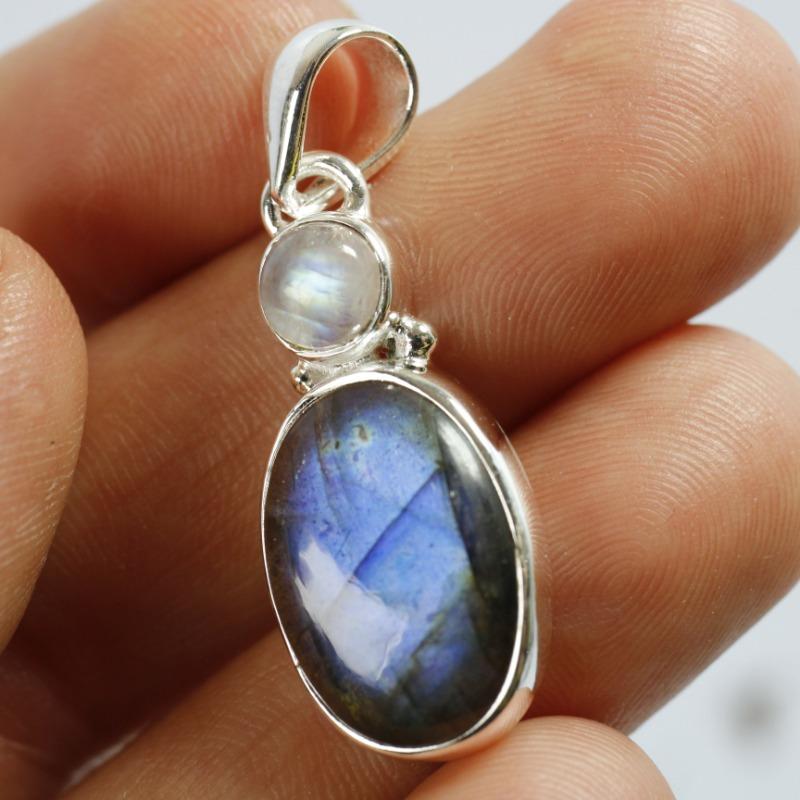 Oval Shaped Labradorite With Rainbow Moonstone Pendants || .925 Sterling Silver-Nature's Treasures