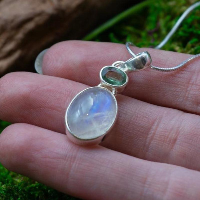 Oval Shaped Rainbow Moonstone With Green Kyanite Pendant || .925 Sterling Silver-Nature's Treasures