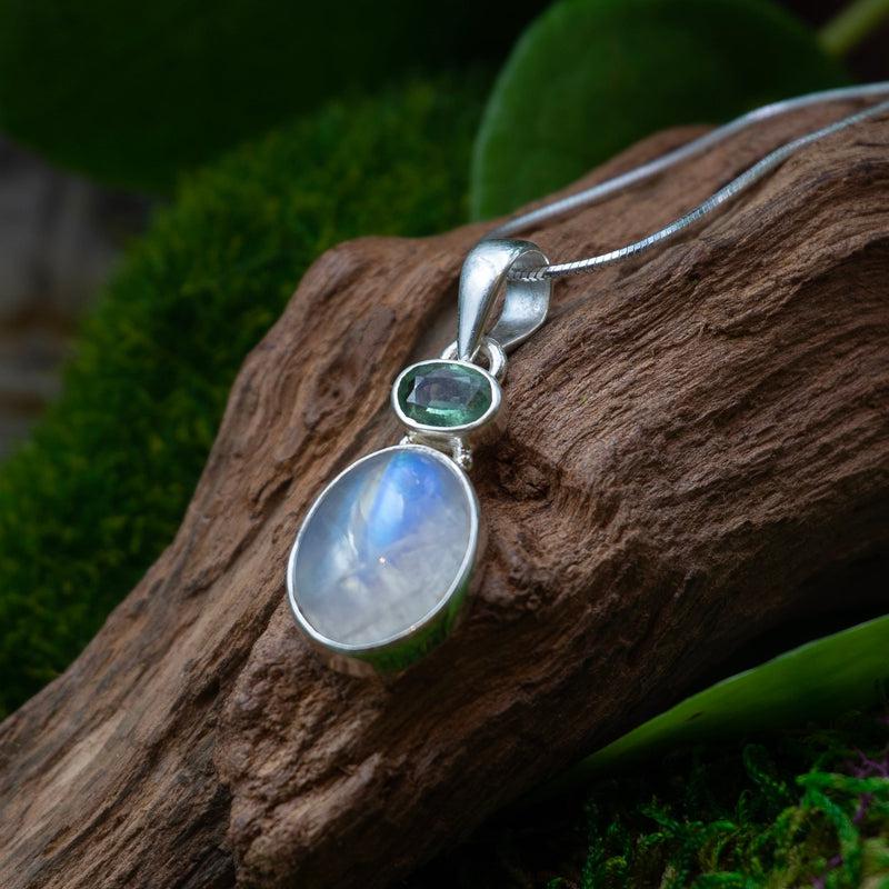 Oval Shaped Rainbow Moonstone With Green Kyanite Pendant || .925 Sterling Silver-Nature's Treasures
