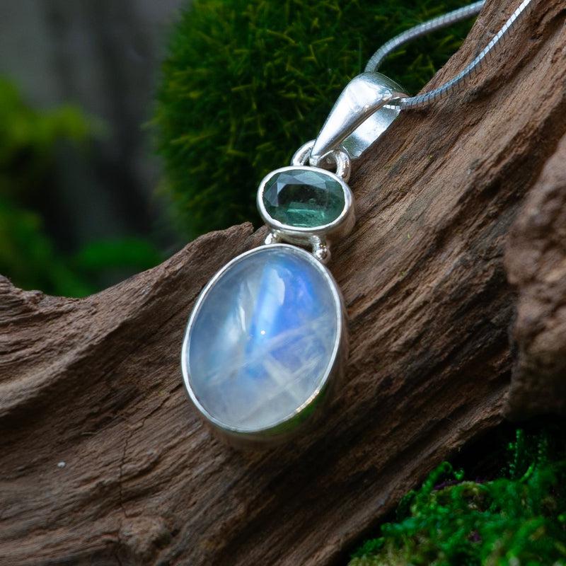 Oval Shaped Rainbow Moonstone With Green Kyanite Pendant || .925 Sterling Silver-Nature's Treasures