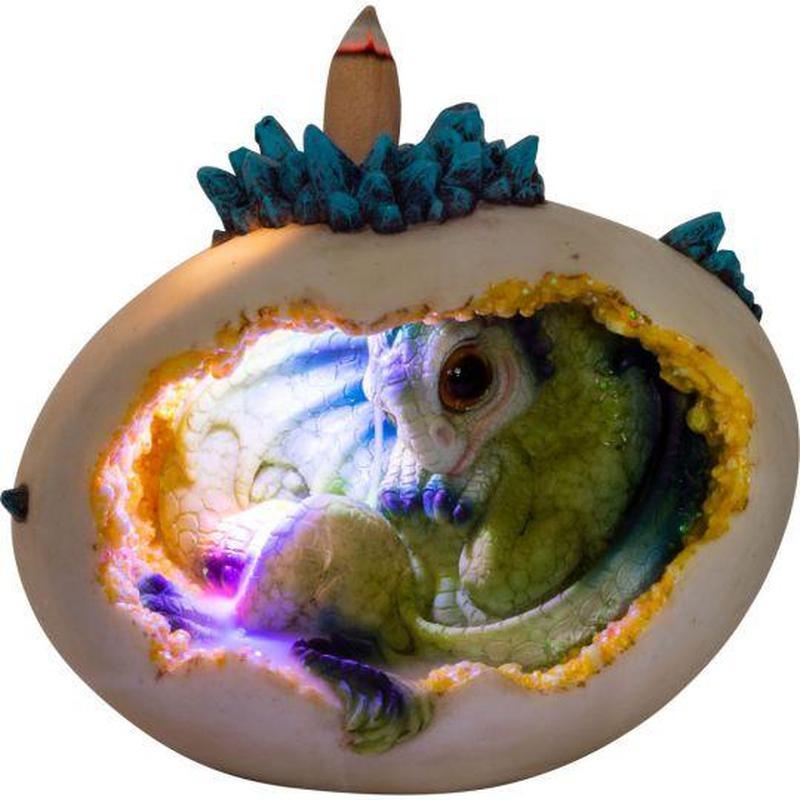 Polyresin Backflow Egg Incense Burner- LED Multicolor Hatching Baby Dragon-Nature's Treasures