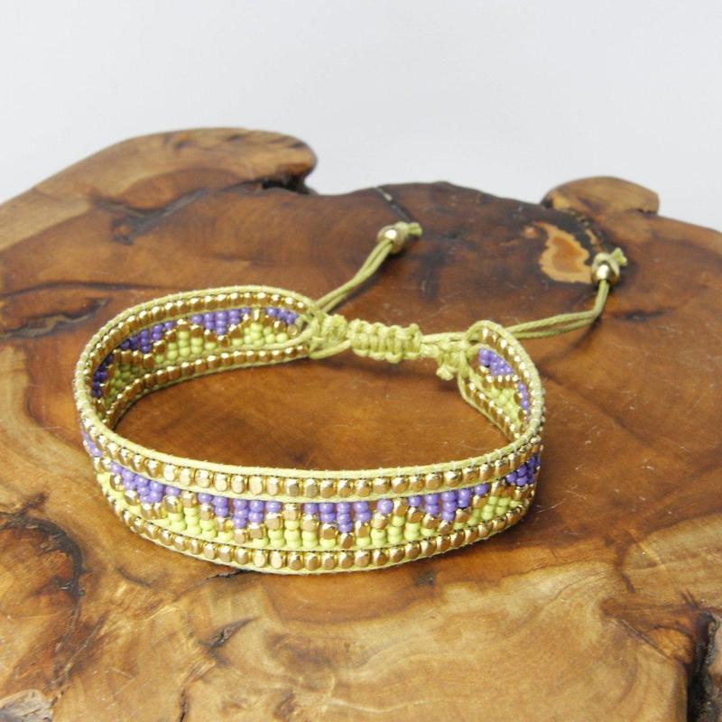 Purple and Lime Zig Zag Beaded Bracelet-Nature's Treasures