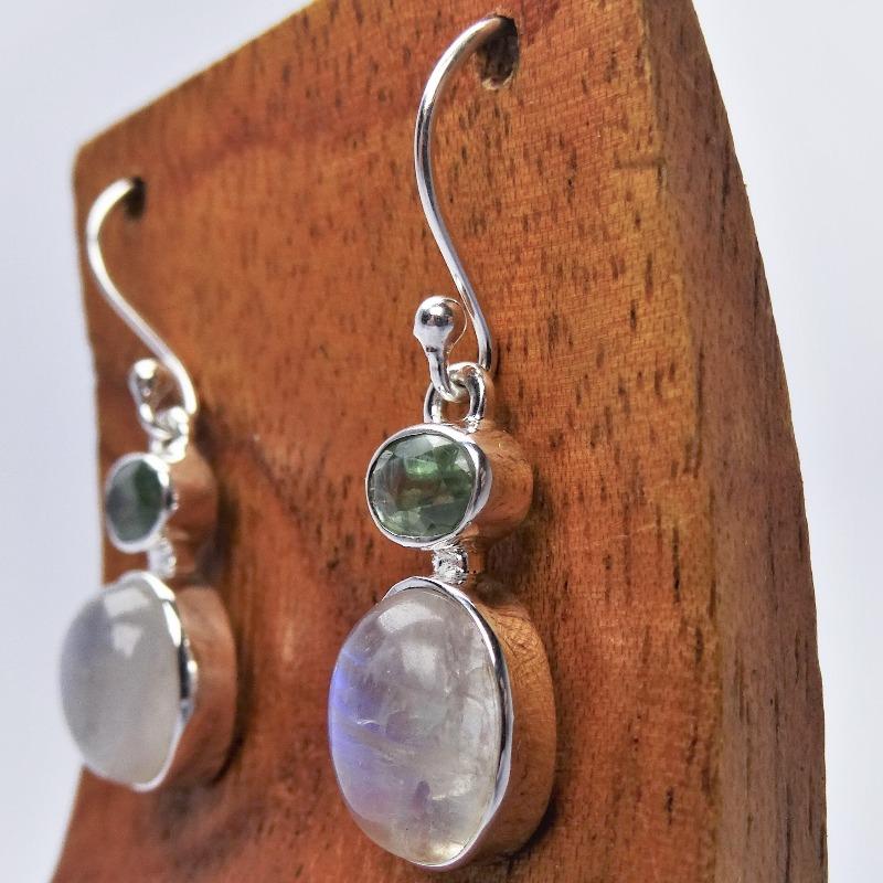 Rain Forest Green Kyanite And Rainbow Moonstone Earrings || .925 Sterling Silver || Truth, Psychic Protection-Nature's Treasures