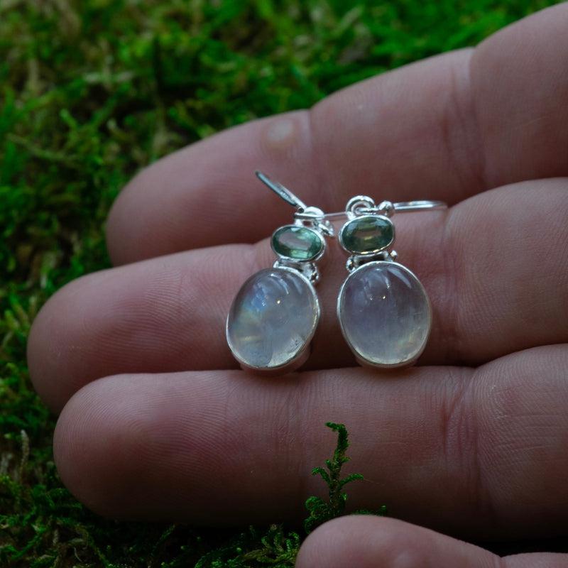 Rain Forest Green Kyanite And Rainbow Moonstone Earrings || .925 Sterling Silver || Truth, Psychic Protection