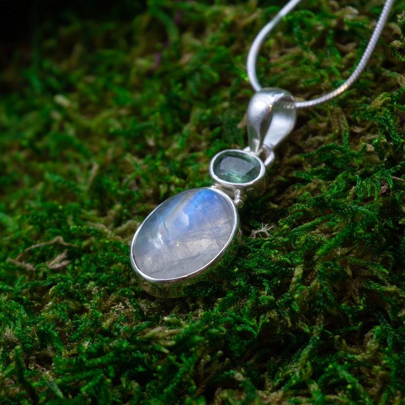 Rain Forest Green Kyanite And Rainbow Moonstone Pendant || .925 Sterling Silver || Truth, Psychic Protection-Nature's Treasures