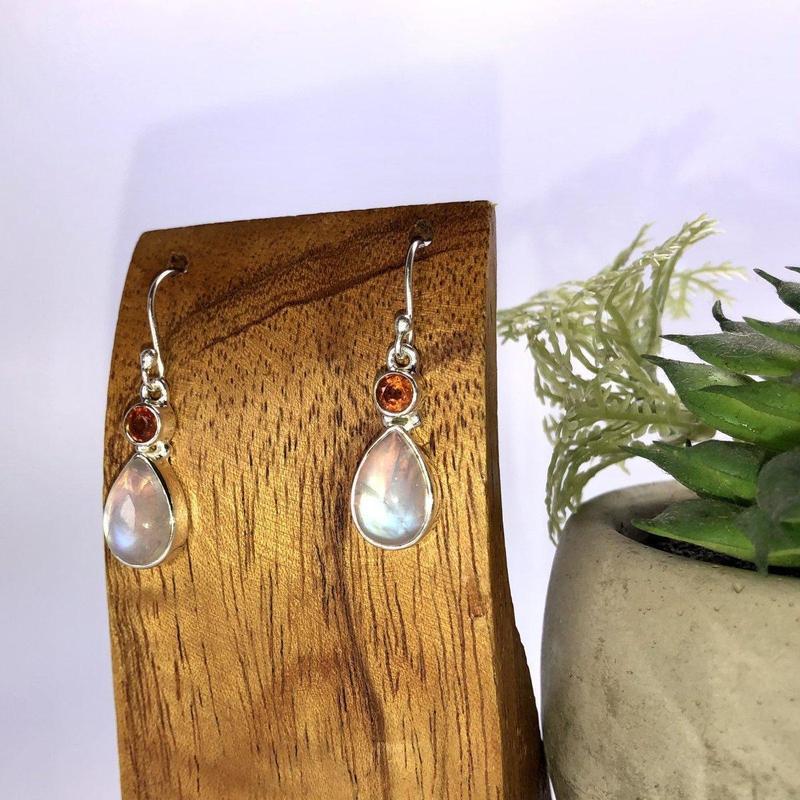 Rainbow Moonstone & Orange Kyanite Earrings Sterling Silver