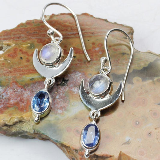 Rainbow Moonstone With Blue Kyanite Crescent Moon Earrings || .925 Sterling Silver-Nature's Treasures