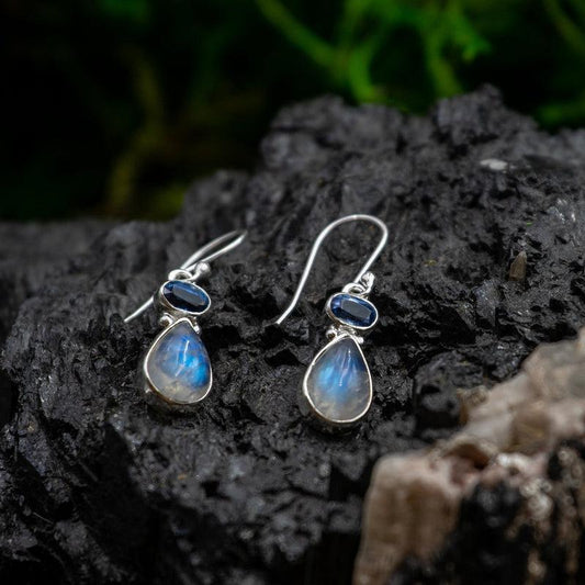 Rainbow Moonstone With Blue Kyanite Earrings || .925 Sterling Silver-Nature's Treasures