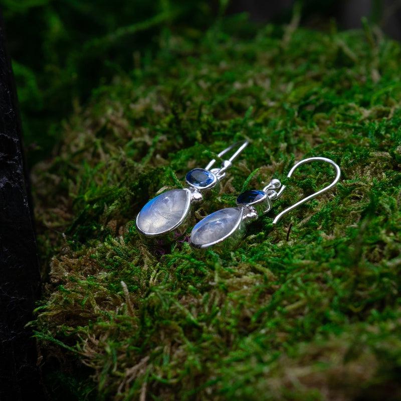Rainbow Moonstone With Blue Kyanite Earrings || .925 Sterling Silver-Nature's Treasures