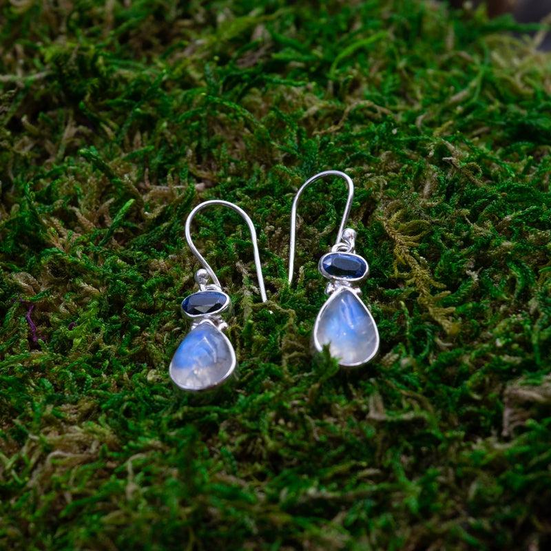 Rainbow Moonstone With Blue Kyanite Earrings || .925 Sterling Silver-Nature's Treasures