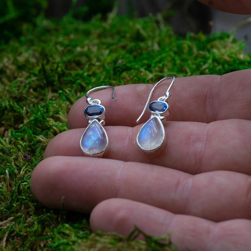 Rainbow Moonstone With Blue Kyanite Earrings || .925 Sterling Silver-Nature's Treasures
