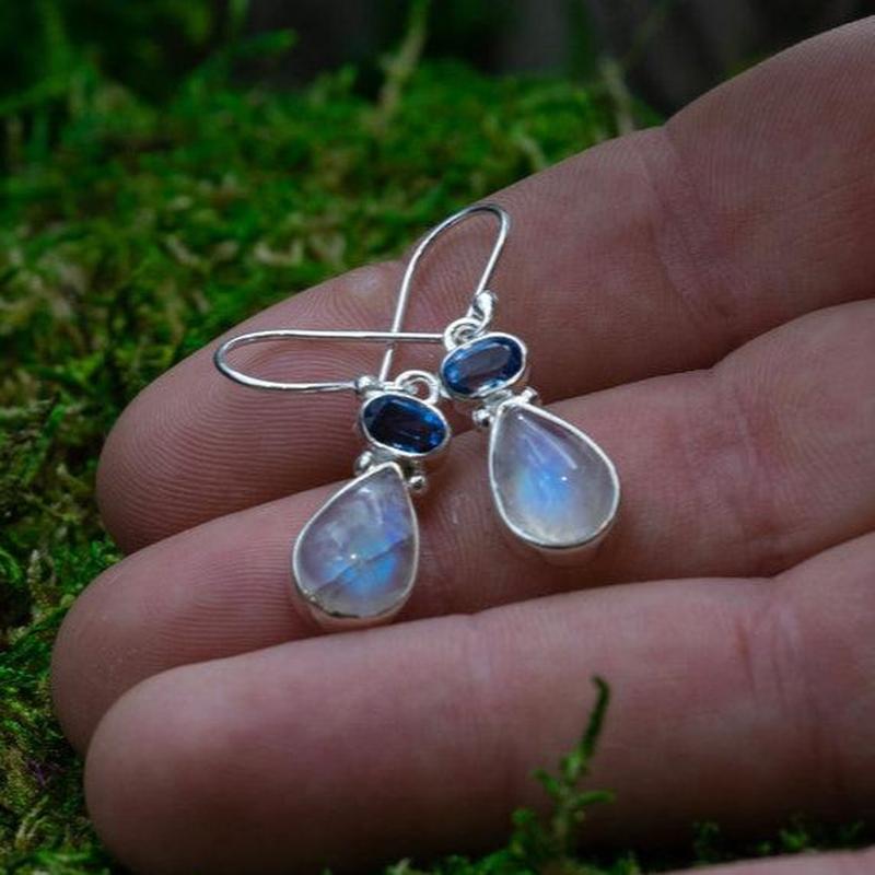 Rainbow Moonstone With Blue Kyanite Earrings || .925 Sterling Silver-Nature's Treasures