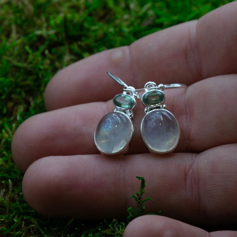 Rainbow Moonstone With Green Kyanite Earrings || .925 Sterling Silver-Nature's Treasures
