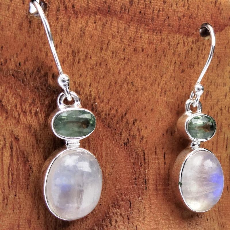 Rainbow Moonstone With Green Kyanite Earrings || .925 Sterling Silver-Nature's Treasures
