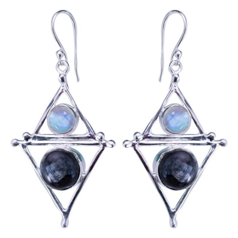 Rainbow Moonstone With Larvikite Moon Phase Earrings || .925 Sterling Silver-Nature's Treasures