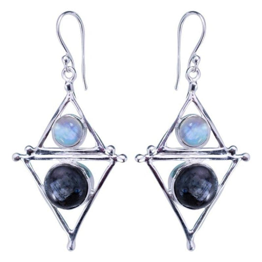 Rainbow Moonstone With Larvikite Moon Phase Earrings || .925 Sterling Silver-Nature's Treasures