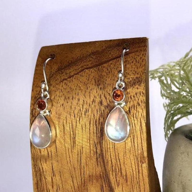 Rainbow Moonstone With Orange Kyanite Earrings || .925 Sterling Silver-Nature's Treasures