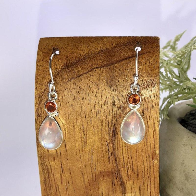 Rainbow Moonstone With Orange Kyanite Earrings || .925 Sterling Silver-Nature's Treasures
