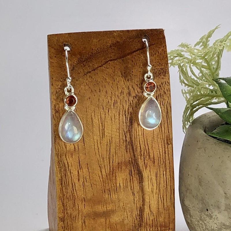 Rainbow Moonstone With Orange Kyanite Earrings || .925 Sterling Silver-Nature's Treasures