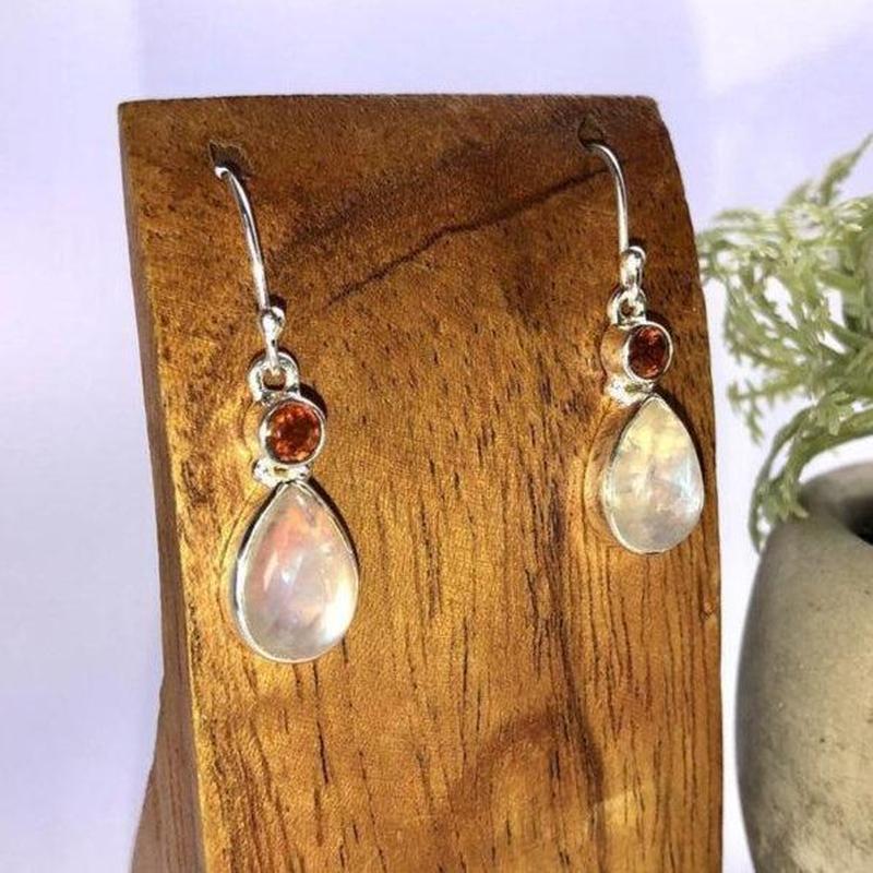 Rainbow Moonstone With Orange Kyanite Earrings || .925 Sterling Silver-Nature's Treasures
