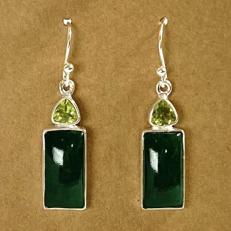 Rectangular Jade With Peridot French Hook Earrings || .925 Sterling Silver-Nature's Treasures