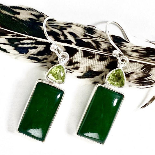 Rectangular Jade With Peridot French Hook Earrings || .925 Sterling Silver-Nature's Treasures