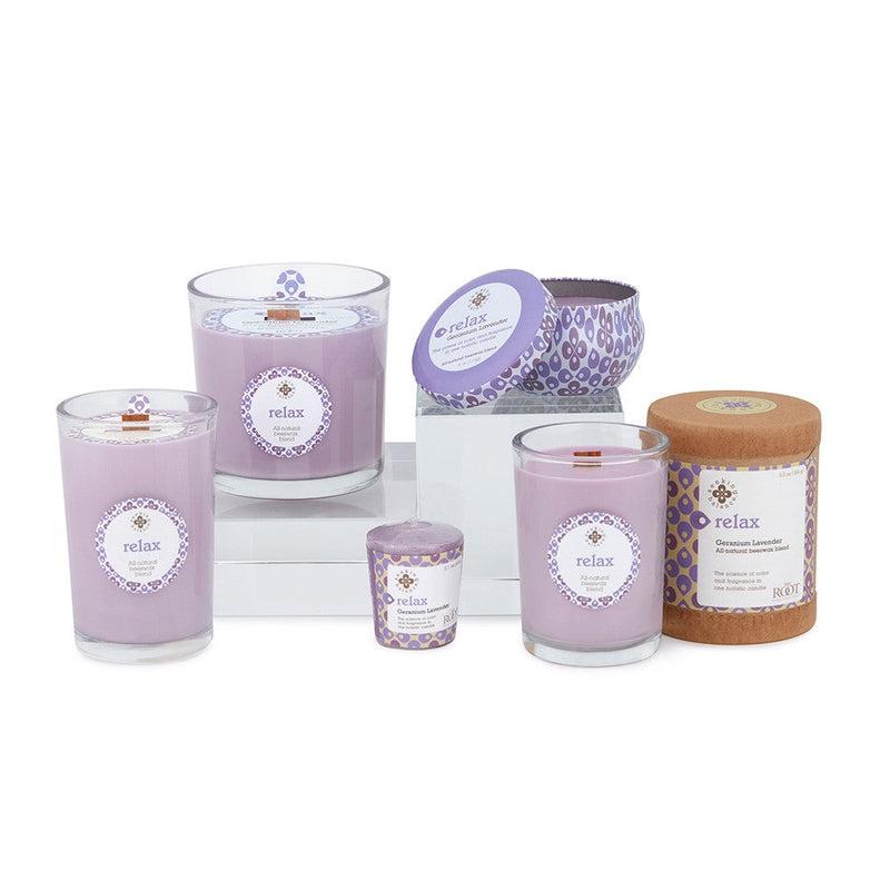 Root Candles Seeking Balance Spa Collection || Relax - Geranium Lavender-Nature's Treasures