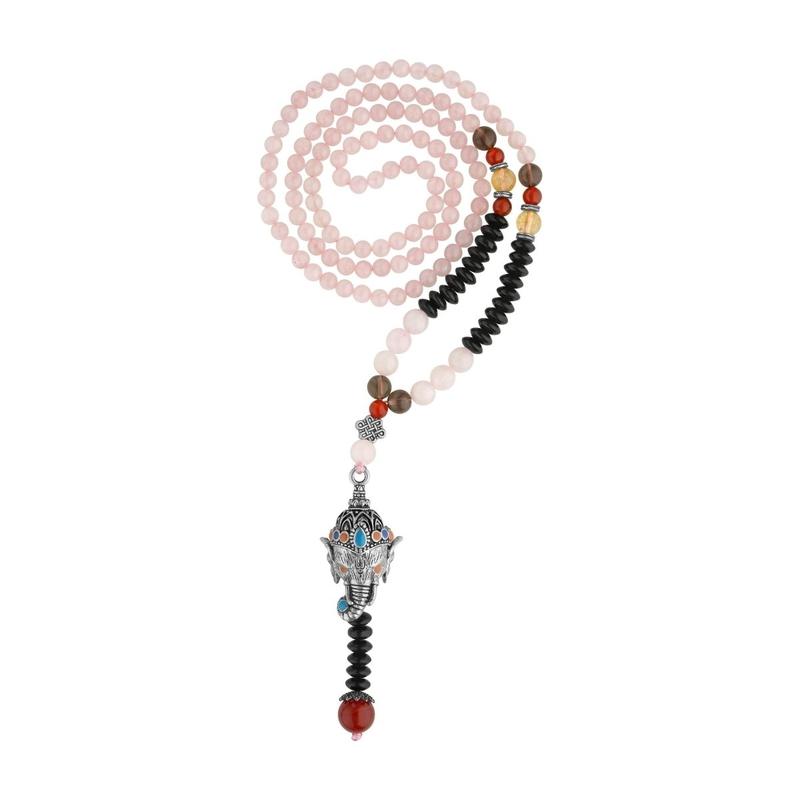 Rose Quartz Gemstone Mala Bead Necklace w/ Ganesh-Nature's Treasures