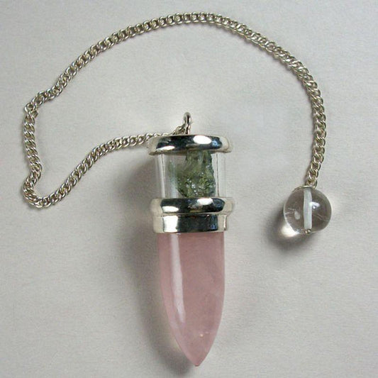Rose Quartz & Moldavite Pendulum w/ Sterling Silver Chain-Nature's Treasures