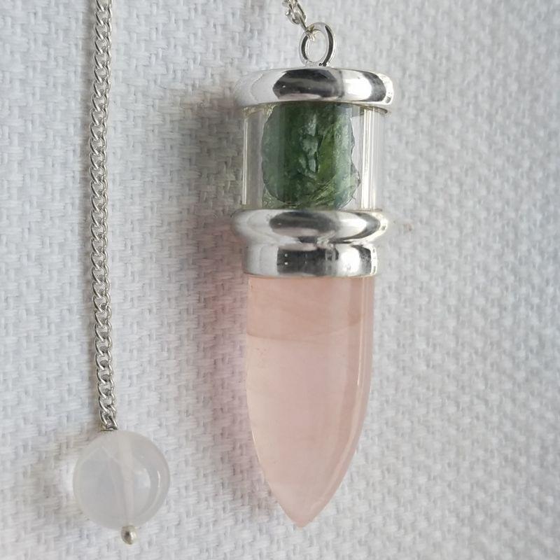 Rose Quartz & Moldavite Pendulum w/ Sterling Silver Chain-Nature's Treasures