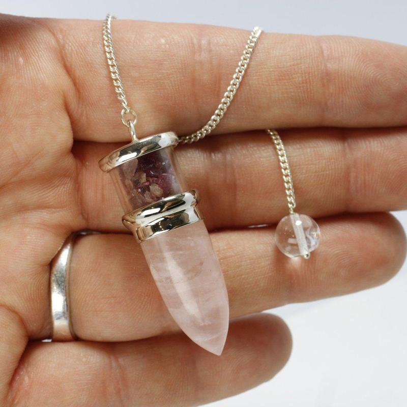 Rose Quartz and Pink Tourmaline Sterling Silver Pendulum || .925 Sterling Silver-Nature's Treasures