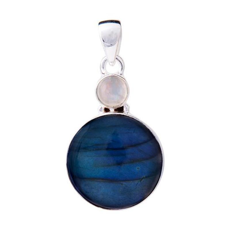 Round Shaped Labradorite With Rainbow Moonstone Pendant || .925 Sterling Silver-Nature's Treasures