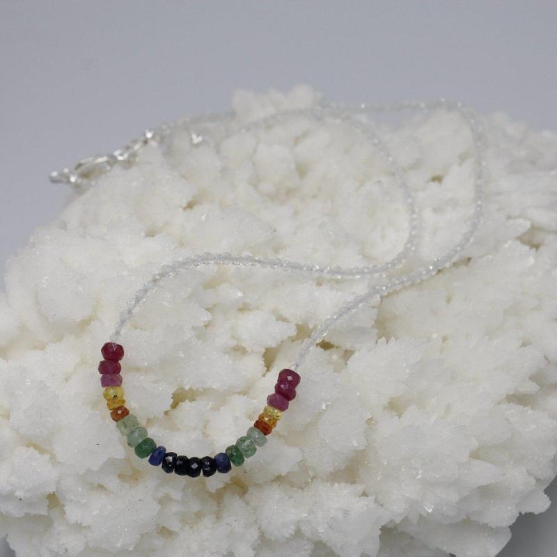 Ruby, Emerald, Sapphire & White Topaz Dainty Faceted Necklace || .925 Sterling Silver-Nature's Treasures