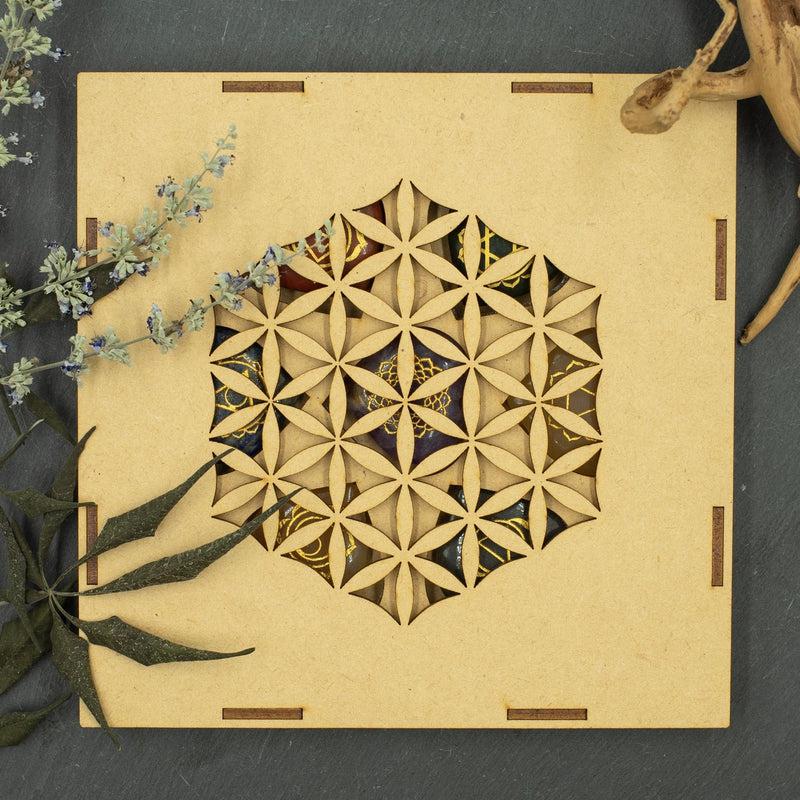 Wooden Chakra Symbol Stone Set || Flower of life