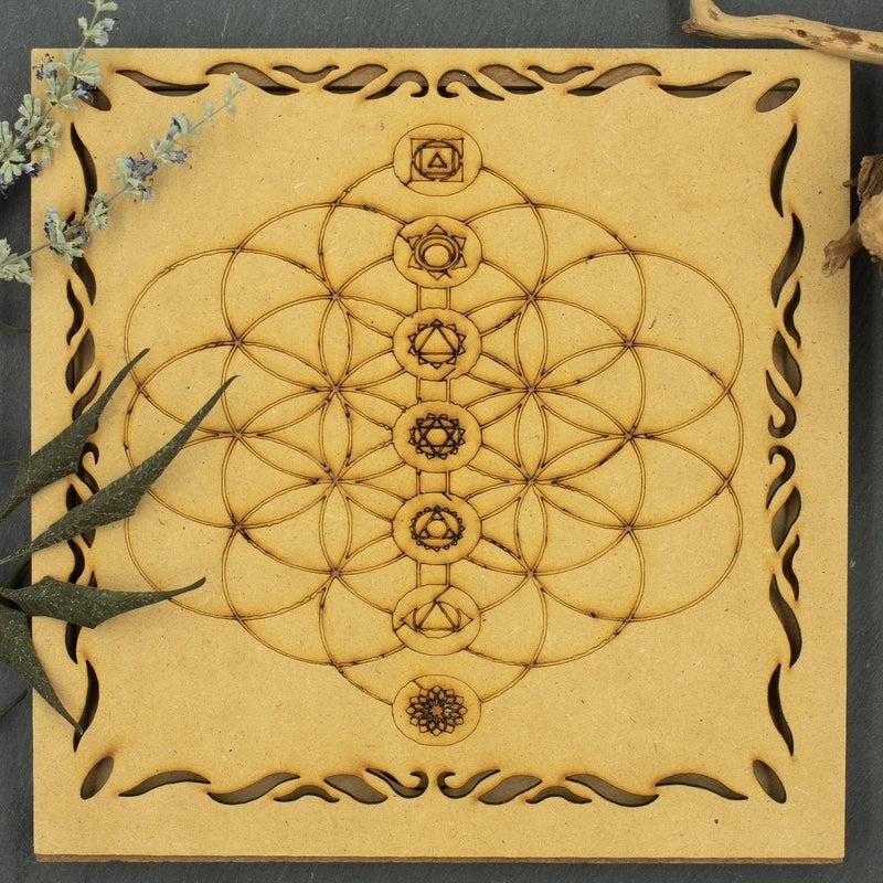 Wooden Chakra Symbol Stone Set || Seed of life
