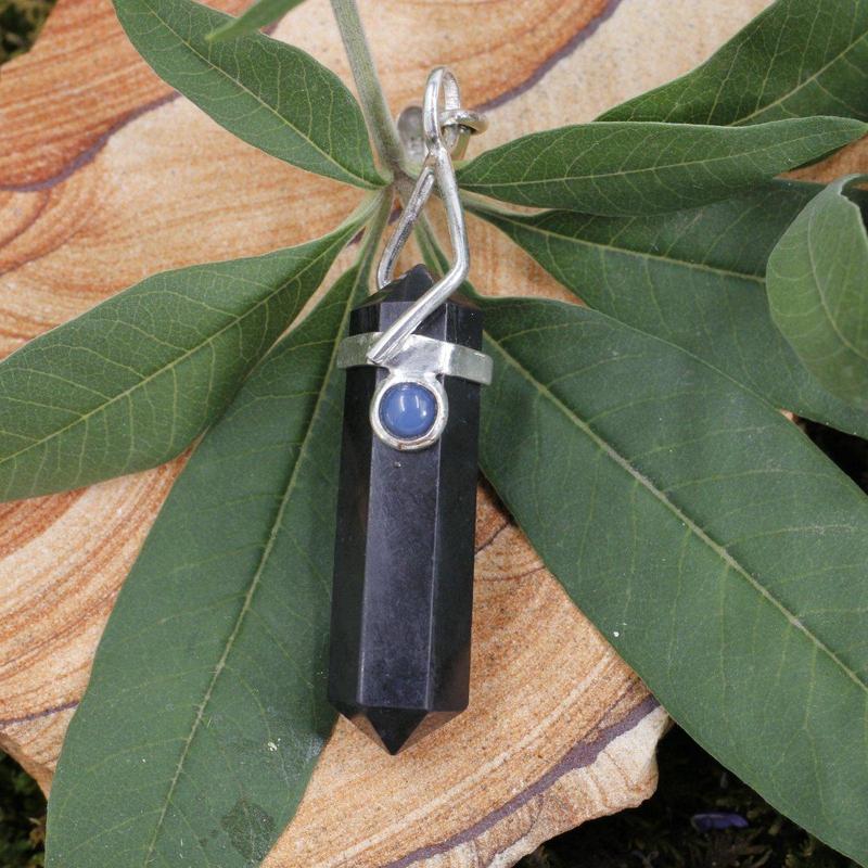 Shungite & Blue Chalcedony Double Terminated Pendant || .925 Sterling Silver-Nature's Treasures