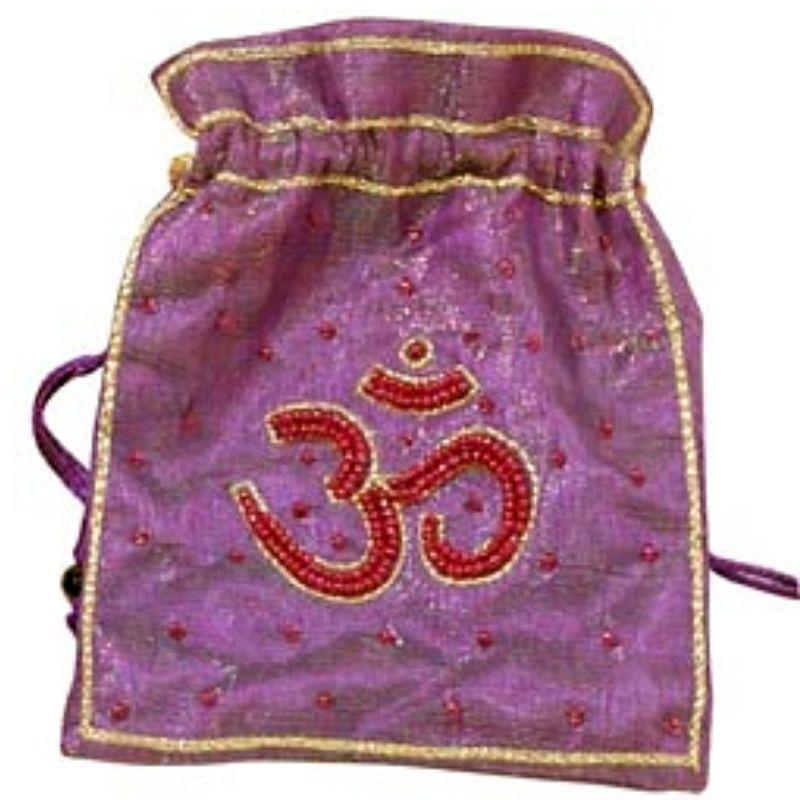 Silk Purple Beaded Om Drawstring Pouch