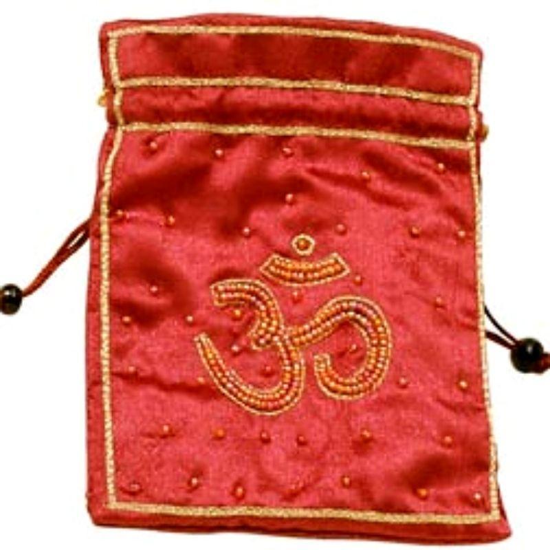 Silk Red Beaded Om Drawstring Pouch