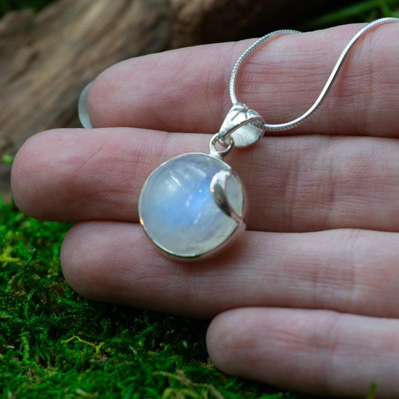 Starseed Moon Crescent Rainbow Moonstone Pendant || .925 Sterling Silver || Psychic Protection