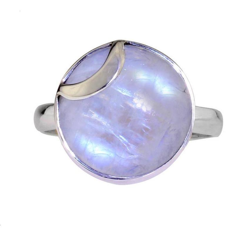 Starseed Moon Crescent Rainbow Moonstone Ring || .925 Sterling Silver || Psychic Protection-Nature's Treasures